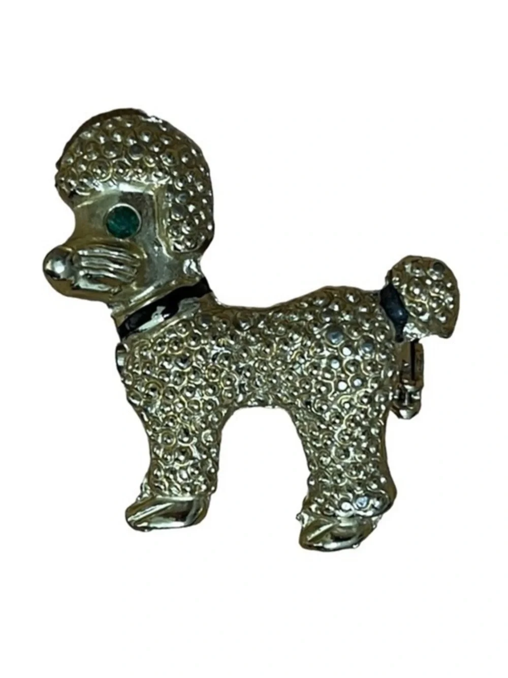 Vintage CCI Poodle Brooch Dog Pin Gold Tone Textured Green Gem Stone Eye Collar